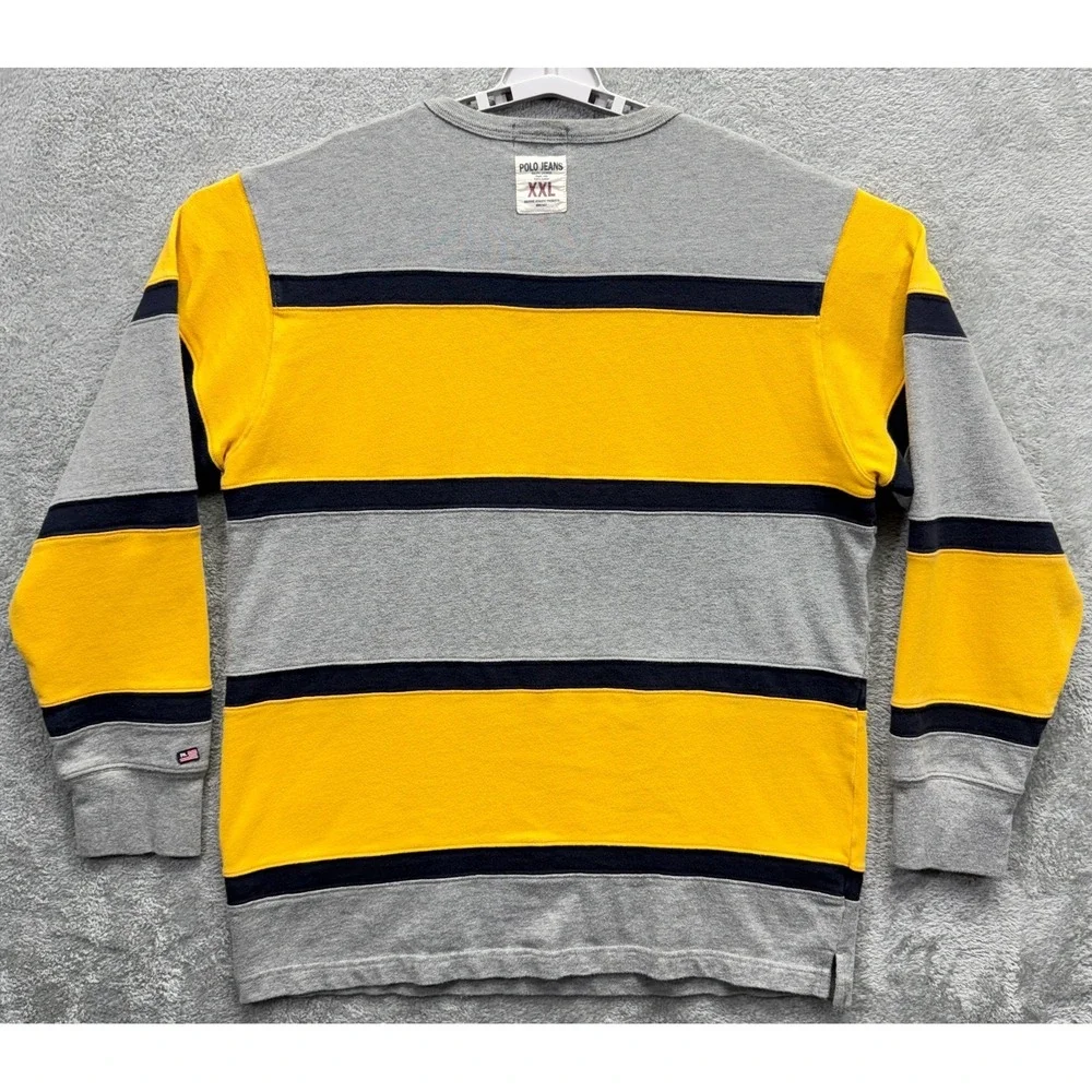 Polo Jeans Co Ralph Lauren Shirt Mens M Yellow Gray Stripe Crew Y2K‎ Streetwear